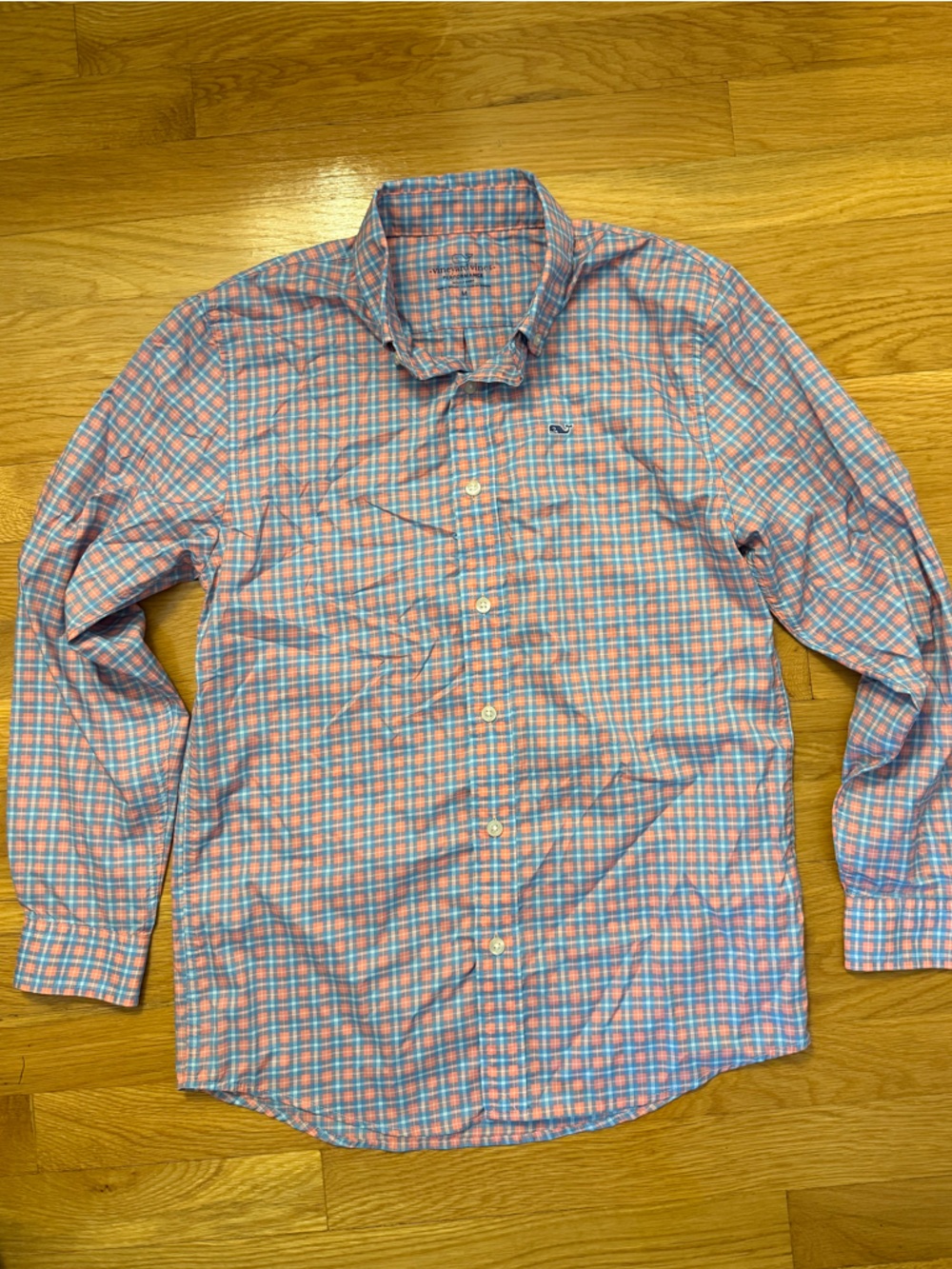 Boys Vineyard Vines blue and salmon color performance Shirt, size M (12-14)
